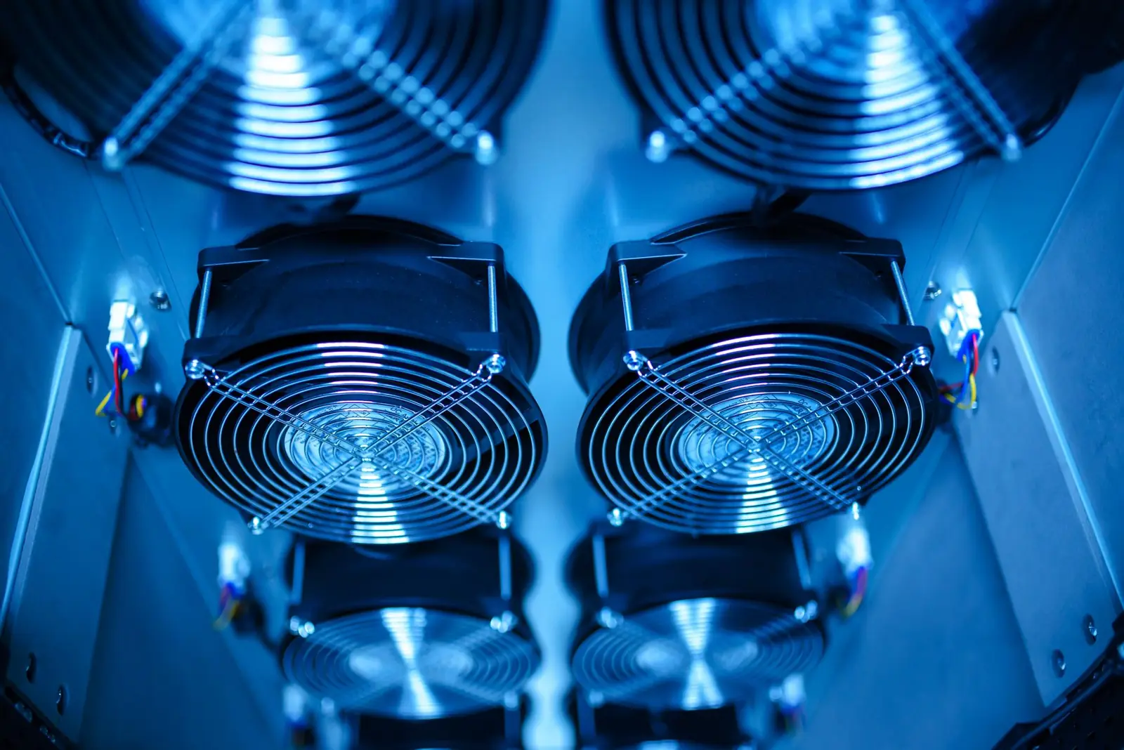 Close-up of cooling fans inside IT equipment (illustrative stock photograph)