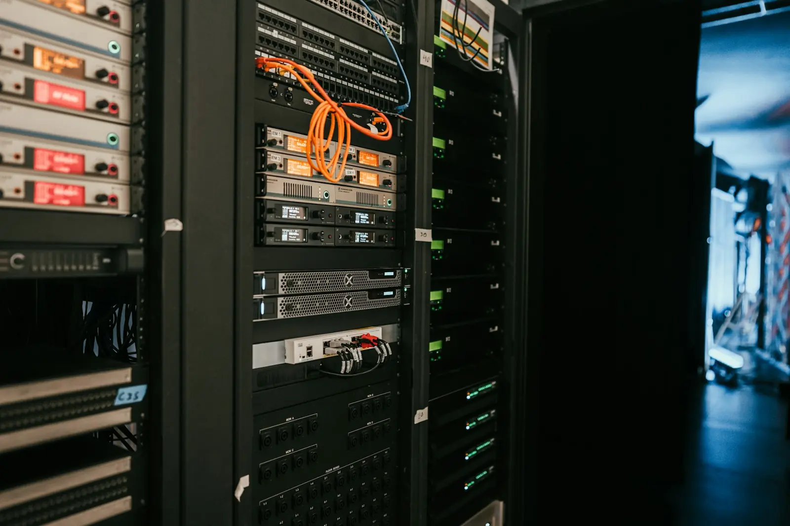 Networking and server equipment mounted in a rack (illustrative stock photograph)